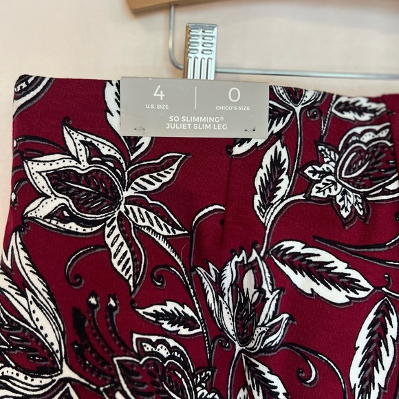 NWT Chico's burgandy floaral ankle pant, size 0R (US size 4) - Picture 6 of 6